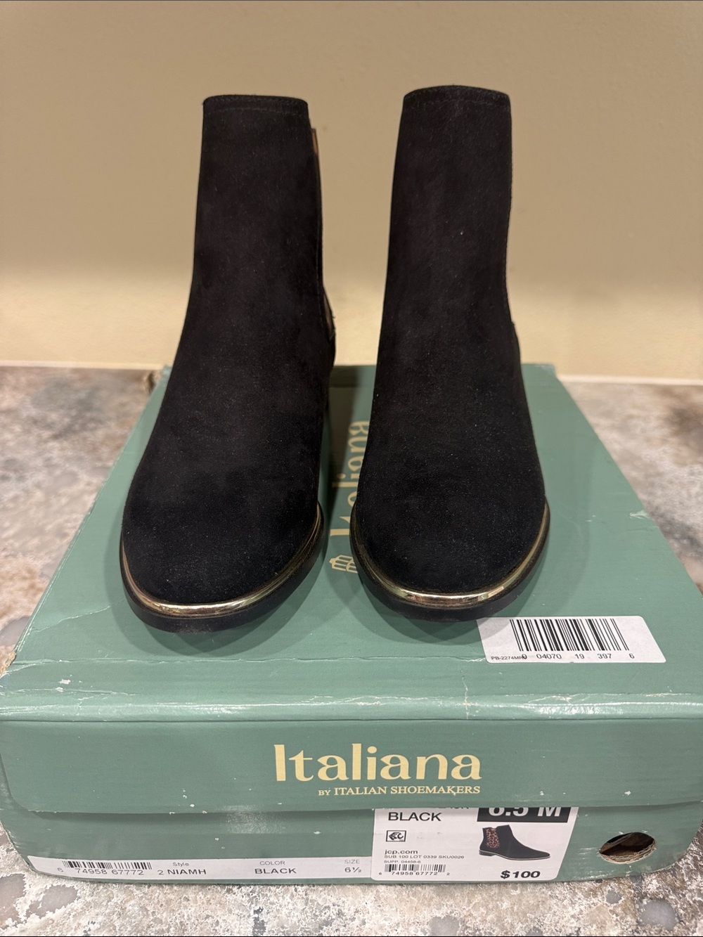 Italina Black Suede Ankle Booties with Metallic Accent